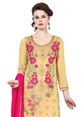  Women Yellow embroidered cotton poly unstitched salwar with dupatta  2