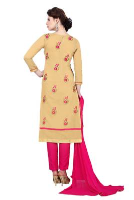  Women Yellow embroidered cotton poly unstitched salwar with dupatta  3