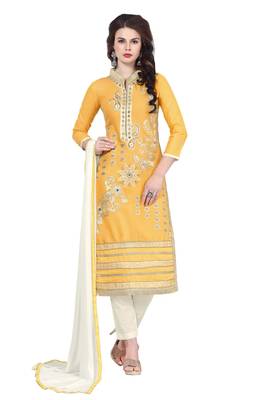  Women Yellow embroidered cotton poly unstitched salwar with dupatta  1