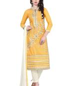  Women Yellow embroidered cotton poly unstitched salwar with dupatta 