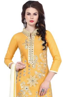  Women Yellow embroidered cotton poly unstitched salwar with dupatta  2