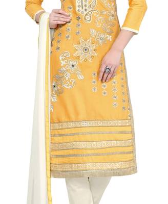  Women Yellow embroidered cotton poly unstitched salwar with dupatta  4