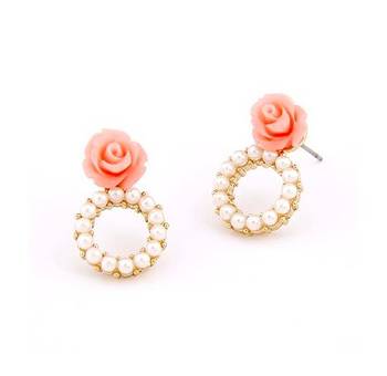 Pink Rose Pearl Hoop Stud Earrings 1