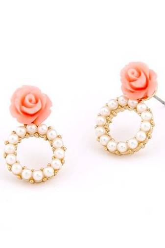 Pink Rose Pearl Hoop Stud Earrings