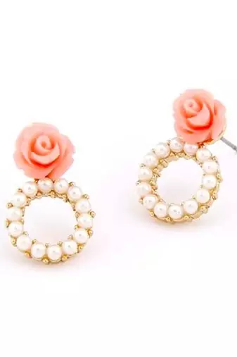 Pink Rose Pearl Hoop Stud Earrings