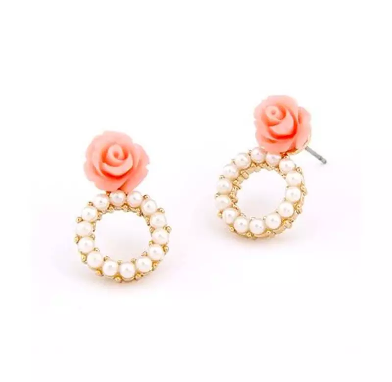 Pink Rose Pearl Hoop Stud Earrings