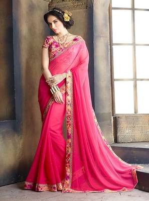 Pink embroidered Georgette saree with blouse (Best Quality) 1