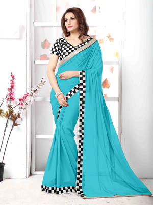 Turquoise embroidered chiffon saree with blouse 1