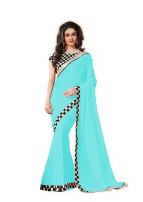 Turquoise embroidered chiffon saree with blouse 2