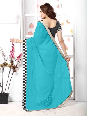 Turquoise embroidered chiffon saree with blouse 3