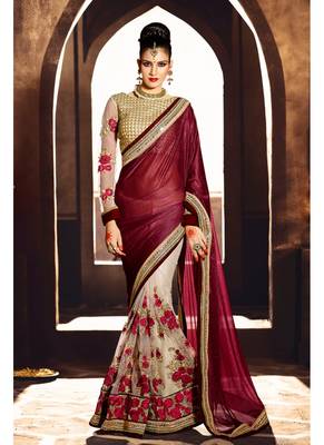 Dark maroon embroidered georgette saree with blouse 1