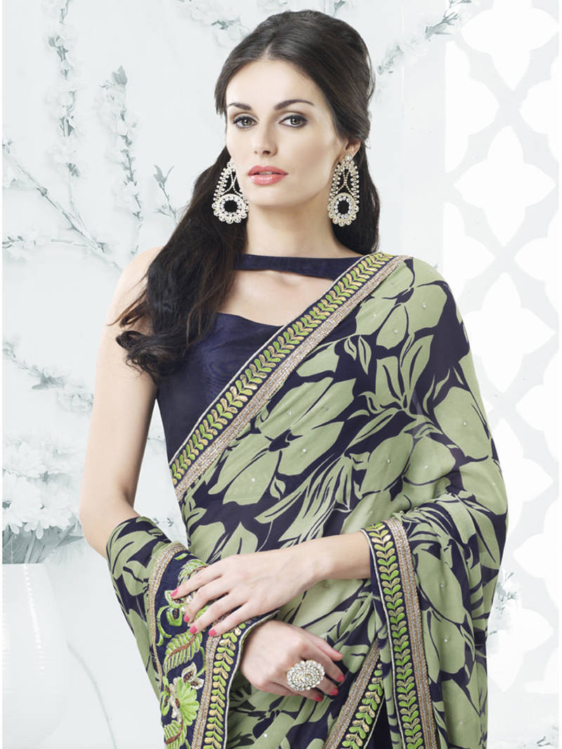 Hitansh Fashion Green Pure Chiffon Embroidered Saree