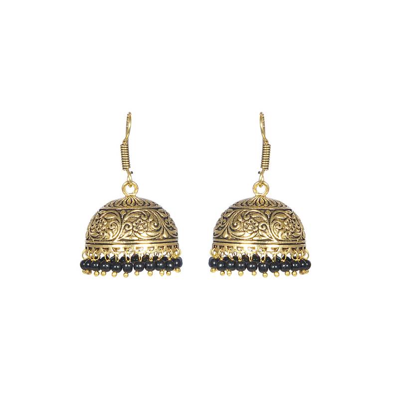 Black Emerald  Beads Golden Textured Jhumka Earring