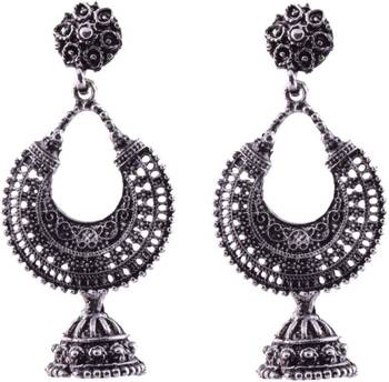 Silver Black Metal Jhumka Hoop Earrings 1
