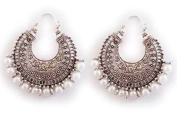 Silver Oxidised Hoop Bali Pearl Earrings 1