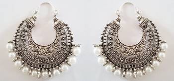 Silver Oxidised Hoop Bali Pearl Earrings 2
