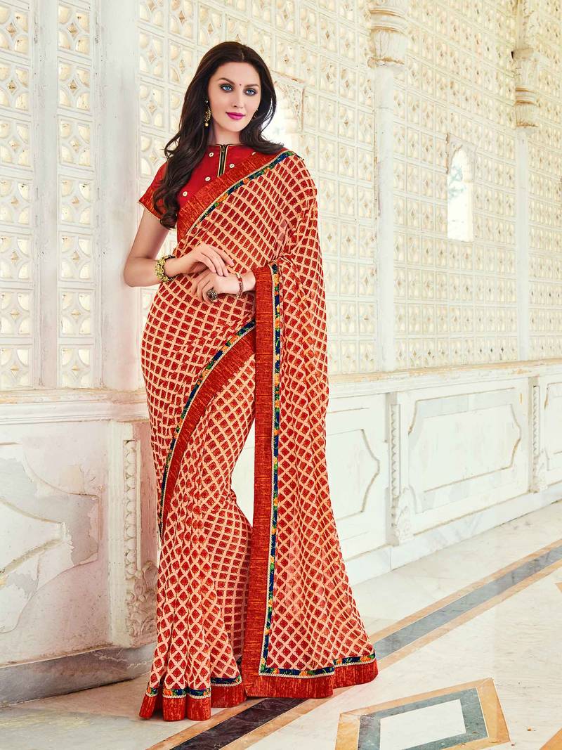 Light orange printed georgette saree with blouse