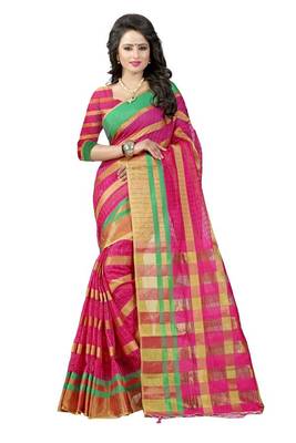 Red plain cotton silk saree with blouse 1