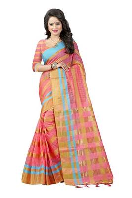 Multicolor plain cotton silk saree with blouse 1