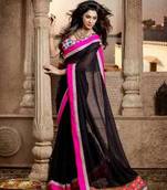Moiaa black with pink border chiffon designer saree with matching blouse