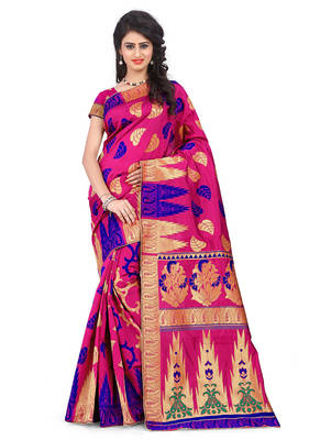 Pink printed banarasi saree with blouse 1