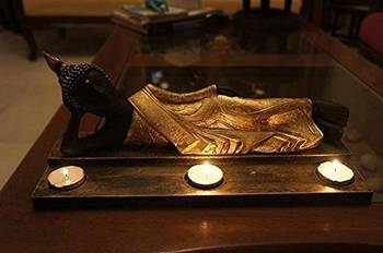 India Polyresine Buddha Idol with Candles  and  Wooden Tray 1