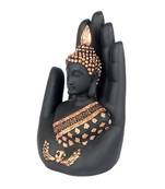 India Buddha Embossed in a Palm Showpiece (Black  and  Gold)