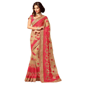 Pink embroidered net saree with blouse 1