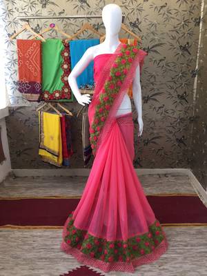 Pink Ribbon Flower Chiffon Saree With Blouse 2