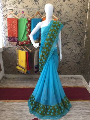Sky Blue Ribbon Flower Chiffon Saree With Blouse 1
