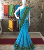 Sky Blue Ribbon Flower Chiffon Saree With Blouse