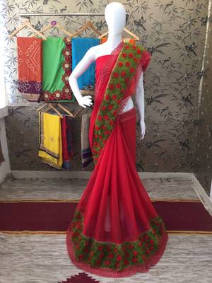 Red Ribbon Flower Chiffon Saree With Blouse 1