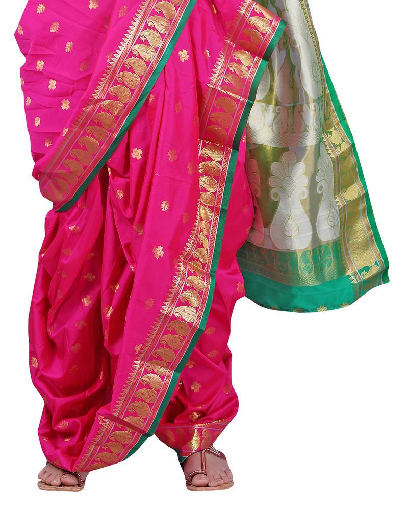 pink woven poly cotton silk traditional nauvari-saree