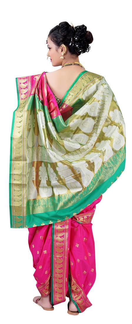 pink woven poly cotton silk traditional nauvari-saree