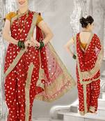 Red woven poly cotton silk traditional nauvari-saree