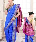 Blue woven poly cotton silk traditional nauvari-saree