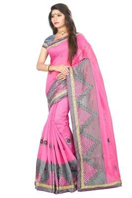 Pink embroidered cotton saree with blouse 1