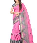 Pink embroidered cotton saree with blouse
