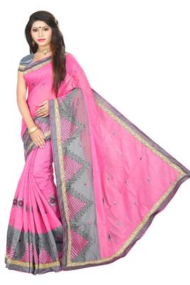 Pink embroidered cotton saree with blouse 2