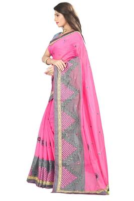 Pink embroidered cotton saree with blouse 3