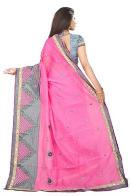 Pink embroidered cotton saree with blouse 4