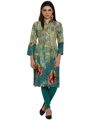 Turquoise embroidered rayon party-wear-kurtis 1