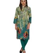 Turquoise embroidered rayon party-wear-kurtis