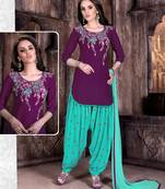 Purple embroidered cotton patiala semi-stitched suit with dupatta