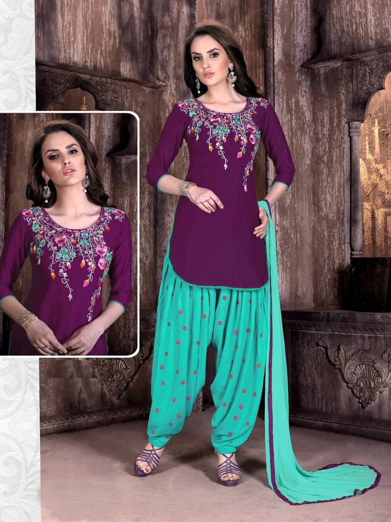Purple embroidered cotton patiala semi-stitched suit with dupatta