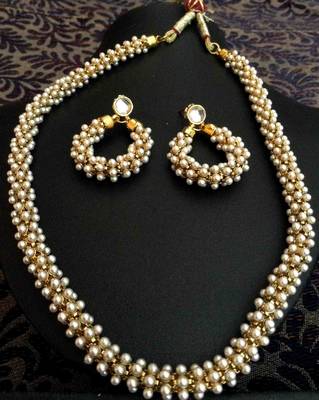 Beautiful Chandni Pearls Woven in Golden Metal Indian Pearl Necklace Set d20 1