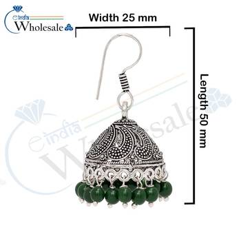 Oxidised Silver Plated Green Beads Brass Earrings Jewellery 3