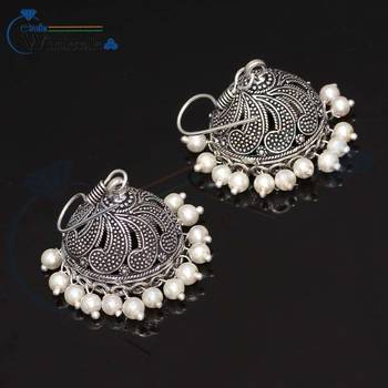 Oxidised Silver Plated White Beads Brass Earrings Jewellery 2