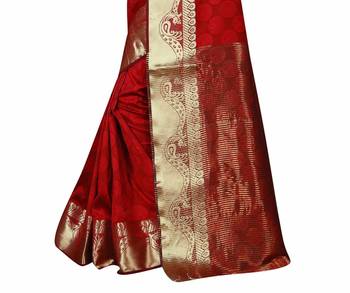 Red woven art silk saree with blouse 4