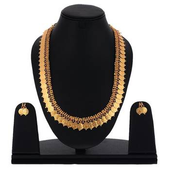 Laxmi ji  gold plated traditional temple coin red stone long necklace set 1